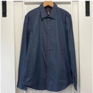 STRUCTURE Men’s Slim Fit Button Down Dress Shirt Navy Blue Check Size Large